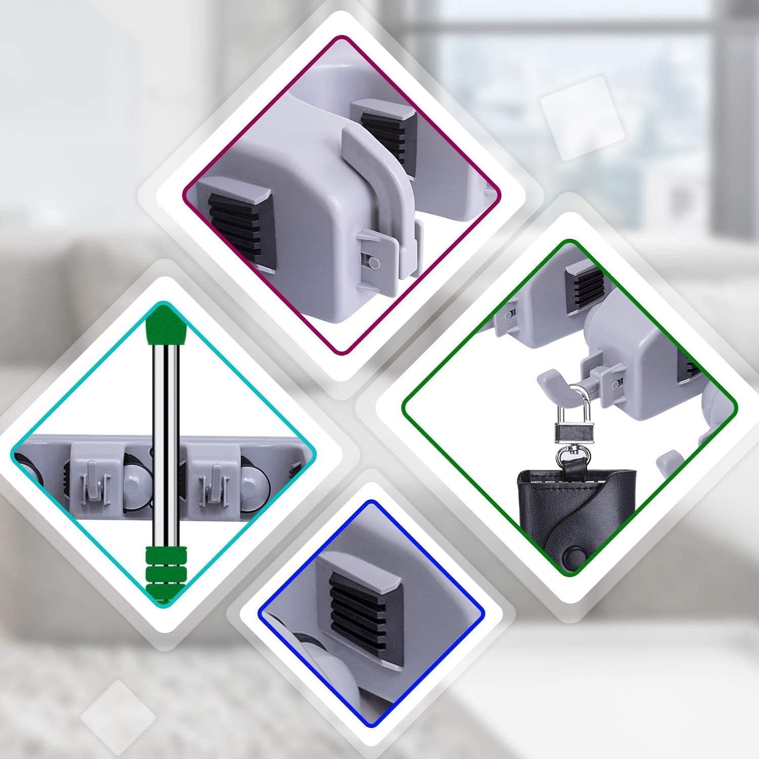 Heavy Duty Wall Mount Broom and Mop Holder with Hooks - Space Saving Garage, Laundry Room & Garden Tool Organizer Rack - Durable Grey Storage Solution for Brooms, Mops, Garden Tools and Cleaning Supplies