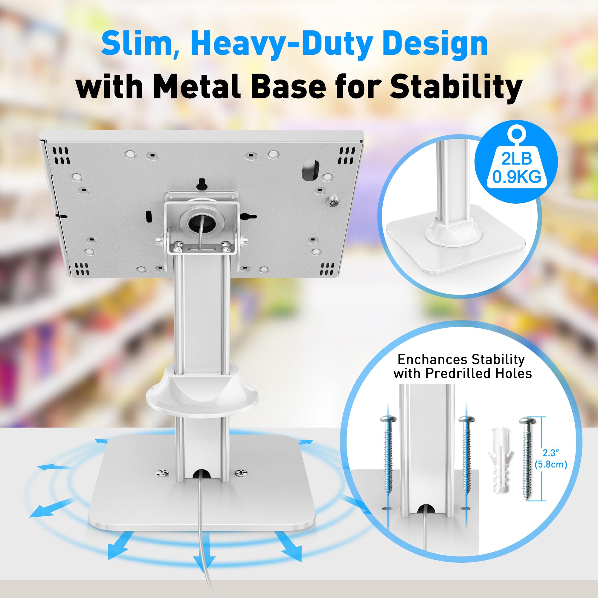 AboveTEK Anti-Theft iPad Kiosk Stand - Secure POS Tablet Stand with Heavy Duty Base, 360° Swivel & 75° Tilt - Compatible with iPad/iPad Air/iPad Pro (White) - Perfect for Retail Stores, Restaurants & Self-Service Kiosks