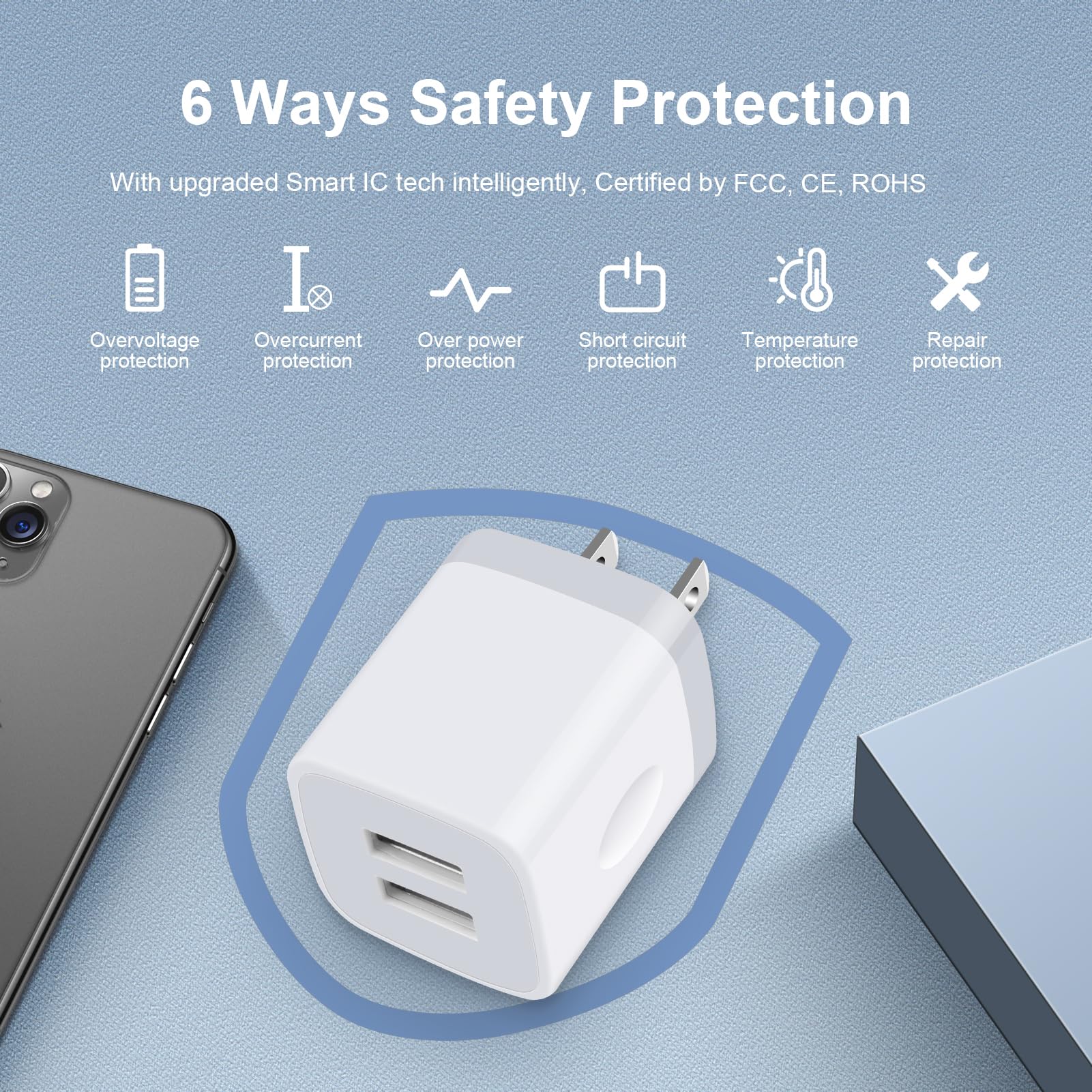 Sicodo 4-Pack USB Wall Charger with Dual Ports - Fast Charging Cube Power Adapter Block for iPhone 16/15/14/13/12/SE/11, Samsung Galaxy S24/S23/S22/S21, Google Pixel, LG & Moto Phones - Perfect for Home, Office & Travel Charging Needs