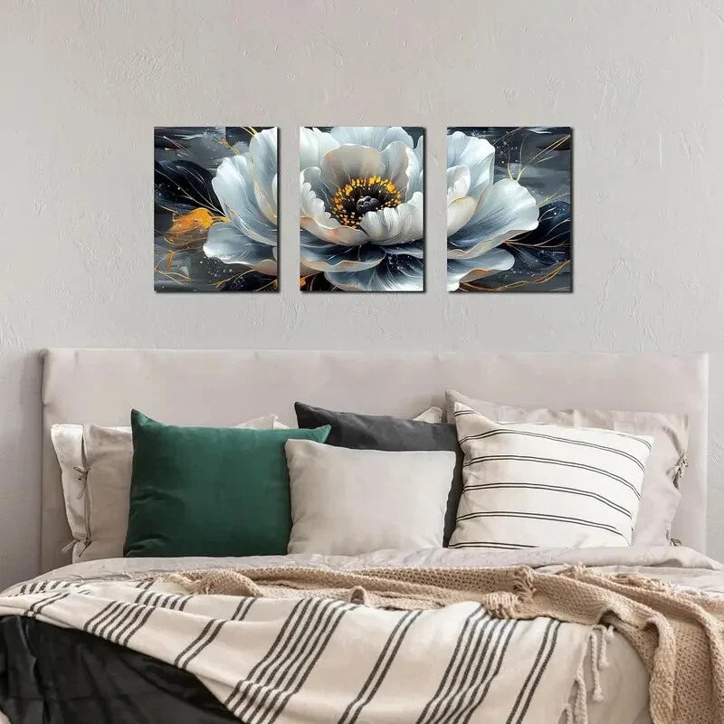 3-Piece Black and White Flower Metal Wall Art Prints - Ready to Hang Home Decor for Living Room, Bedroom & Office