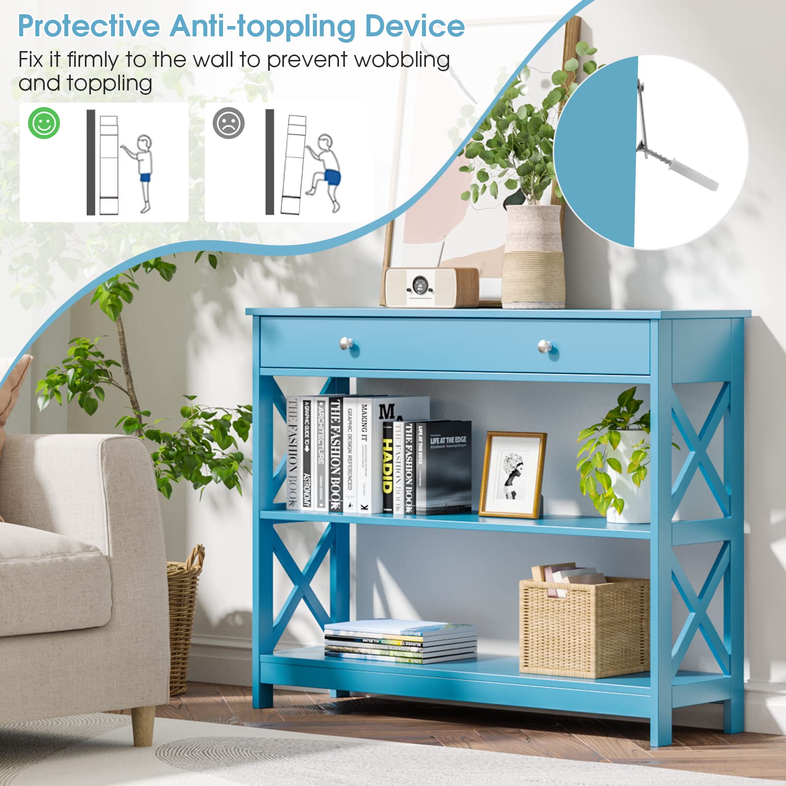 KOTEK 3-Tier Narrow Console Table with Drawer & Storage Shelves - Easy Assembly Sofa Table for Living Room, Entryway Hallway Organizer (Blue) - Perfect for Small Spaces, Apartment Decor & Home Organization