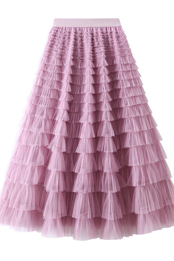 Be Your Own City Queen Tiered Elastic Waist Tulle Maxi Skirt - Women's Elegant Flowy Long Skirt for Parties, Weddings & Special Occasions