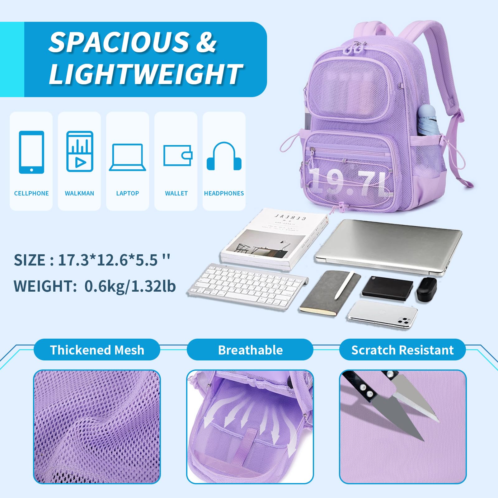 Breathable Mesh Backpack - Heavy Duty See Through Bookbag, Ultra Lightweight Transparent Net Backpack for School, Gym, Travel & Beach - Durable & Comfortable for Sports & Outdoor Activities - Purple