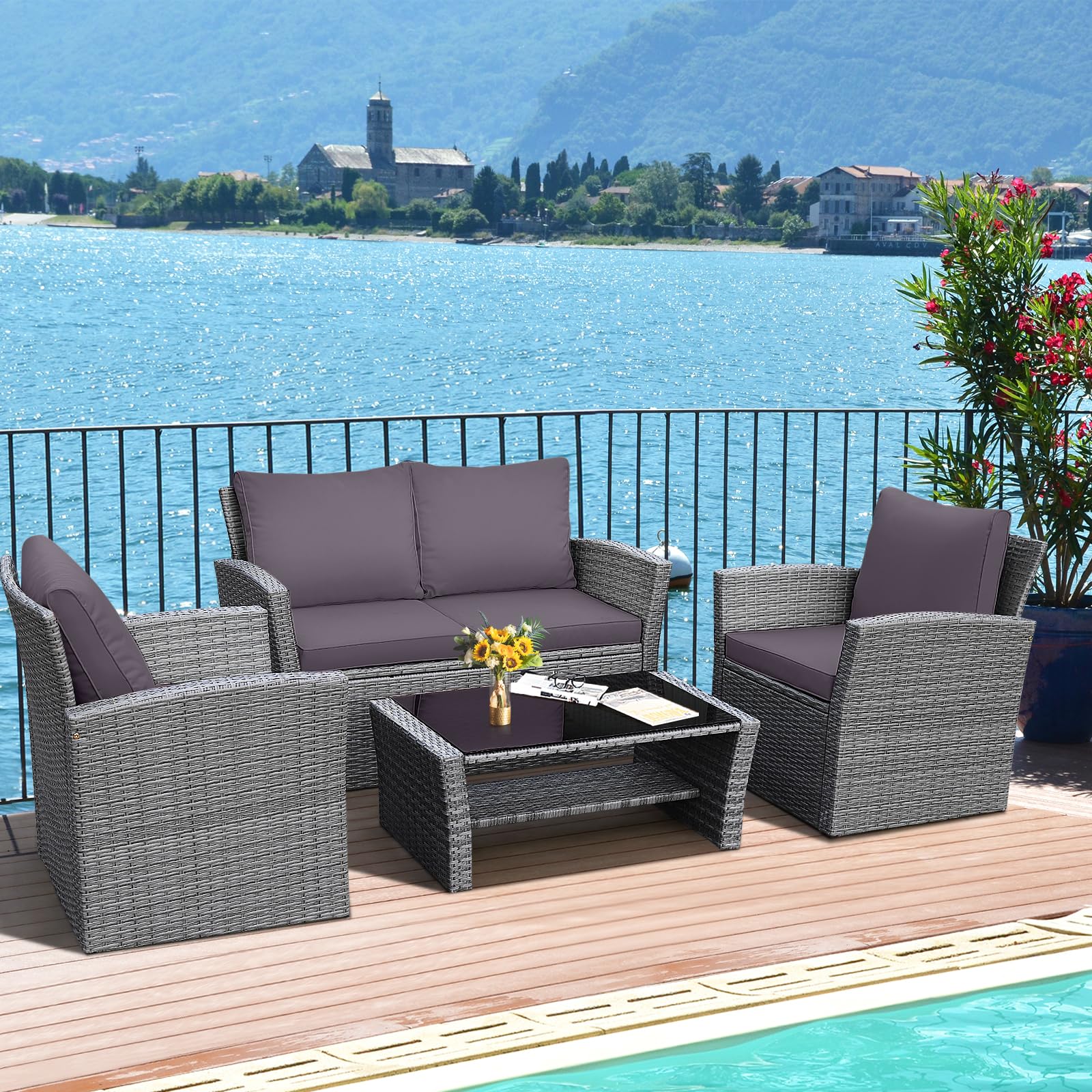 HAPPYGRILL 4-Piece Outdoor Rattan Furniture Set with Cushions & Coffee Table - Patio Conversation Sofa Set for Garden, Porch, Balcony, Poolside - Perfect for Relaxing, Entertaining & Outdoor Dining