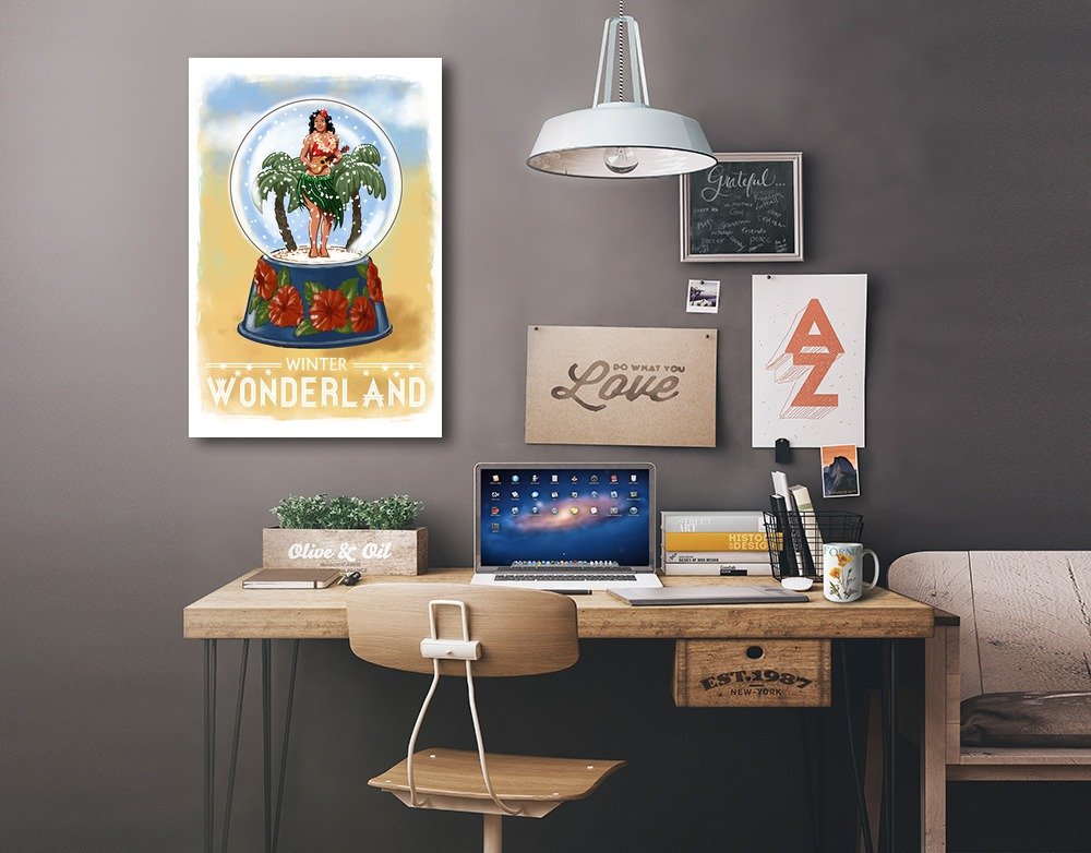 Hula Girl in Snow Globe - Winter Wonderland Wall Art - 16x24 Wrapped Canvas - Tropical Christmas Decor for Home, Office & Gifts - Perfect for Holiday Parties & Festive Interior Design