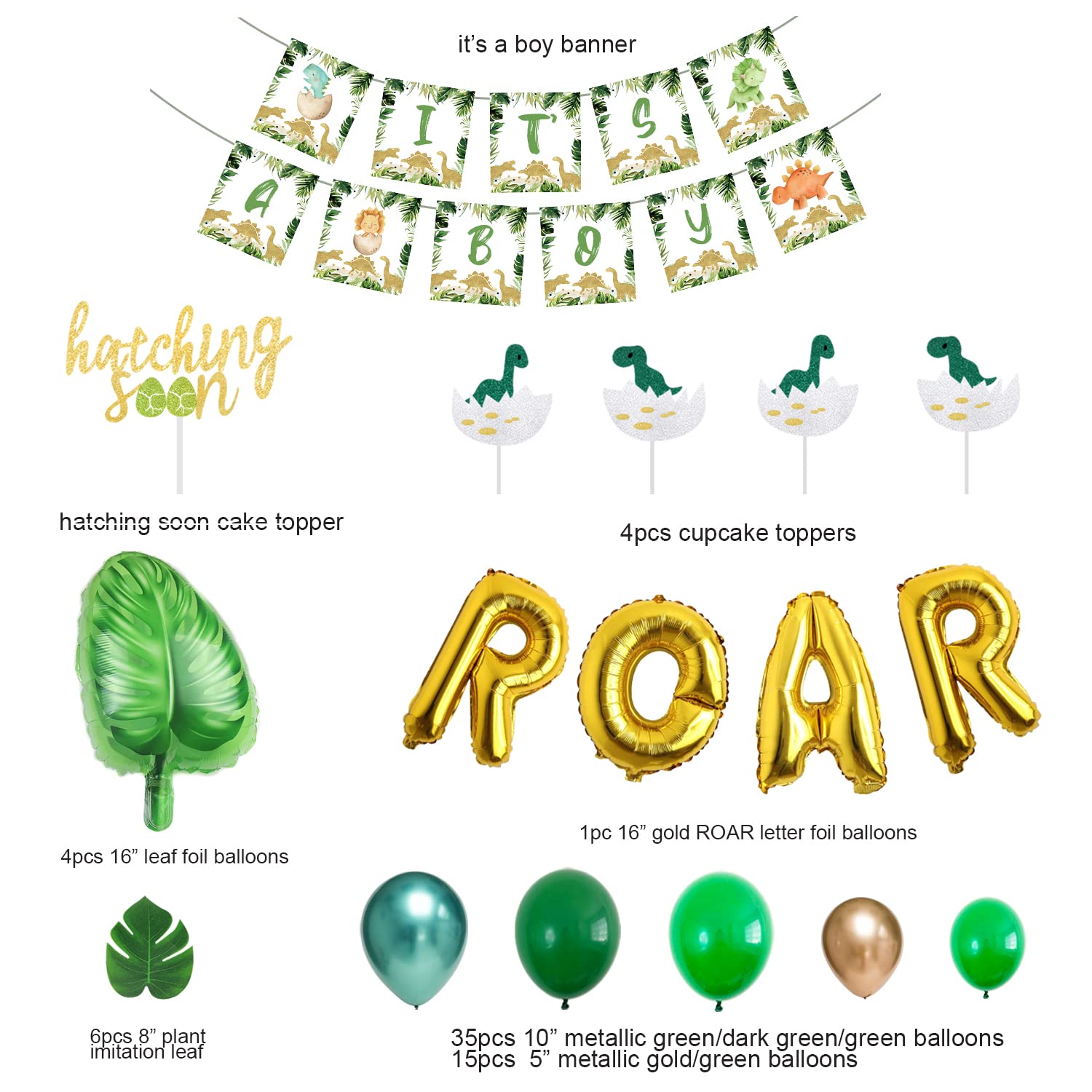Dinosaur Baby Shower Decorations for Boys - Dinosaur Balloon Garland Arch, Table Decor & Party Supplies | IT'S A BOY Banner & Hatching Soon Cake Topper | Perfect for Dinosaur-Themed Baby Showers, Gender Reveals & Birthday Parties