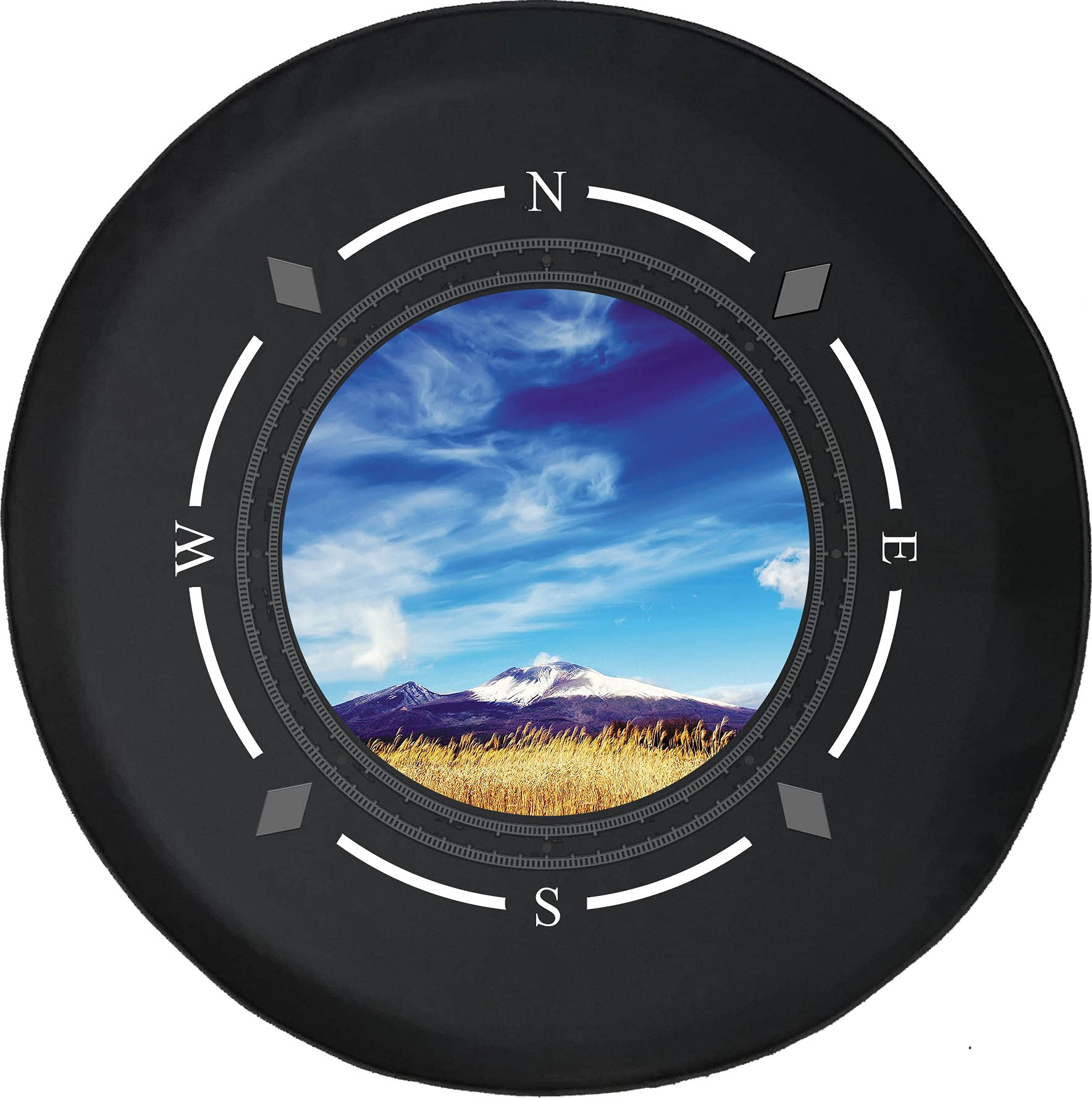 American Unlimited Spare Tire Cover with Compass Design - Summer Sky & Snow Capped Mountain Wheel Cover for SUV, Trailer, RV Accessories | Fits Most Vehicles | Perfect for Road Trips & Outdoor Adventures