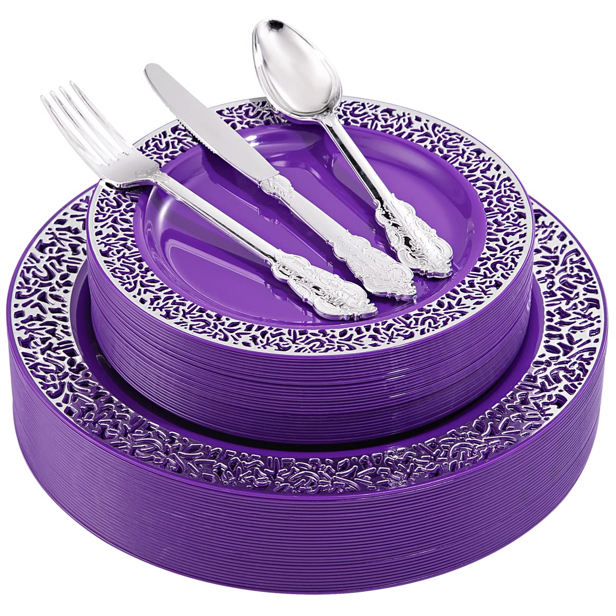 150-Piece Purple & Silver Plastic Dinnerware Set - 30 Plates (10.25