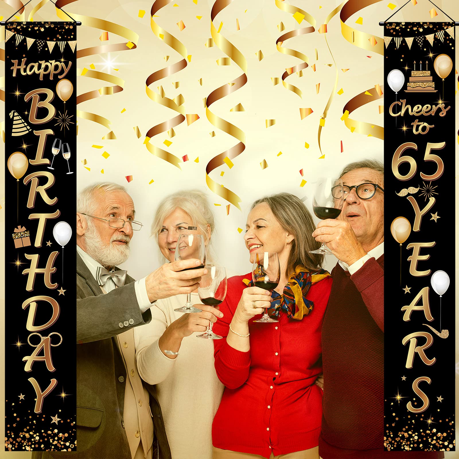 2-Pack Black & Gold 65th Birthday Party Decorations - Cheers to 65 Years Banner & Porch Sign (71