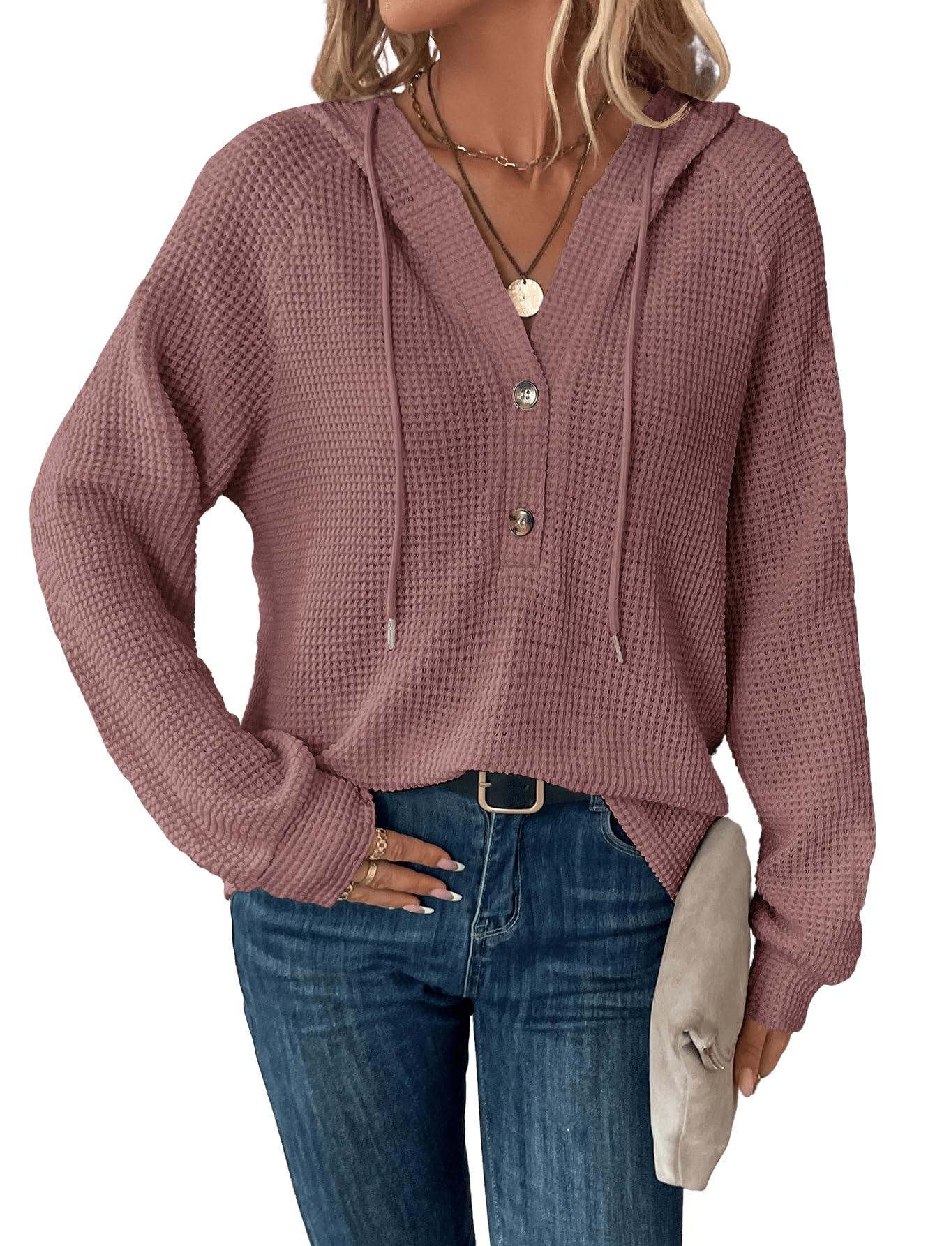 WDIRARA Women's Oversized Hoodies - Soft Waffle Knit Sweatshirt with V-Neck & Button Front - Cozy Pullover for Casual Wear, Loungewear & Fall Fashion