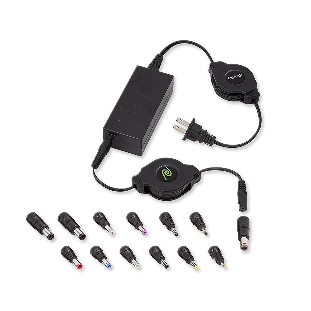 ReTrak 65W Universal Laptop Charger with 13 Adapter Tips - Compatible with Ultrabook, Notebook & Netbook - Retractable Power Adapter for Travel, Office & Home Use (Model: ETCHGNBUNN2)