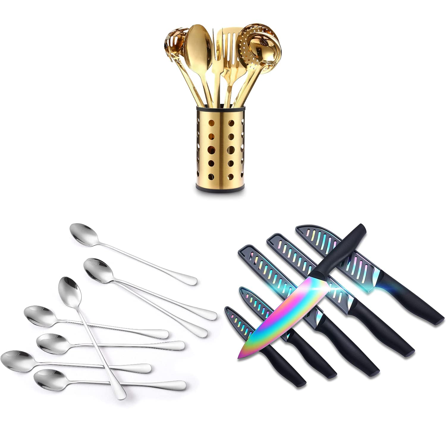 Premium Marco Almond KYA51B 15-Piece Kitchen Utensil Set + KYA60 Iced Tea Spoon + KYA36 Rainbow Titanium 12-Piece Stainless Steel Knife Set with Sheath - Complete Cooking Tools for Home Chefs, Perfect for Meal Prep, Baking, and Entertaining