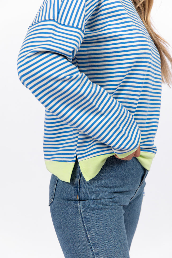Think On It Blue Striped Contrast Trim Pullover Sweater | Cozy Casual Wear for Women | Perfect for Fall & Winter Layering