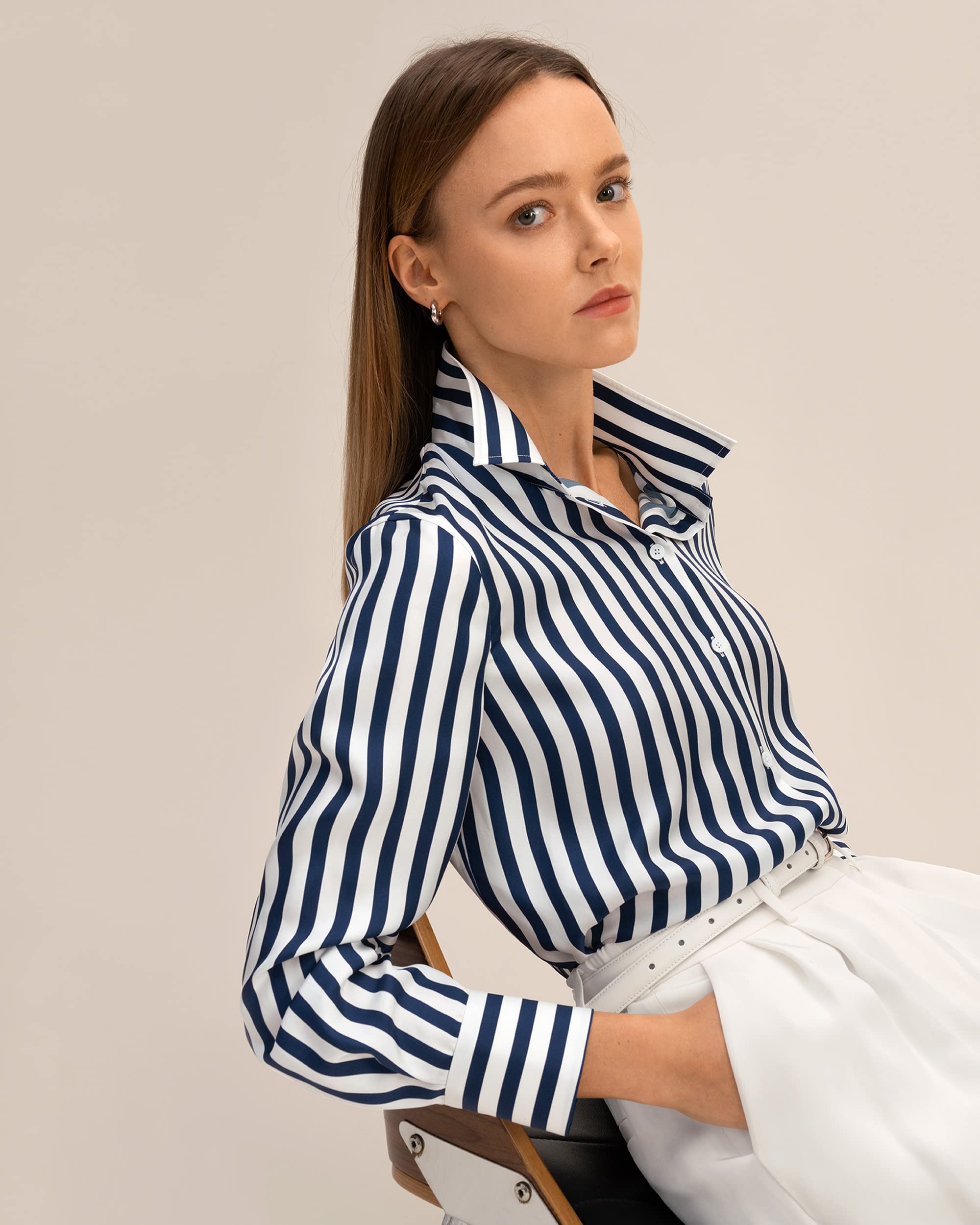 LilySilk Women's 100% Pure Silk Blouse - V-Neck Long Sleeve Blue & White Pinstripe Shirt for Work, Office, and Casual Wear | All-Season Comfort & Elegance | Perfect for Business Meetings, Date Nights, and Professional Outfits