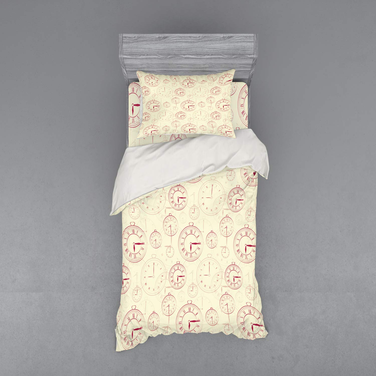 Ambesonne Vintage Watches Roman Numerals Clock Bedding Set - 3 Piece Duvet Cover with Sham & Fitted Sheet, Twin Size, Pale Yellow Magenta - Perfect for Antique-Themed Bedrooms & Vintage Home Decor