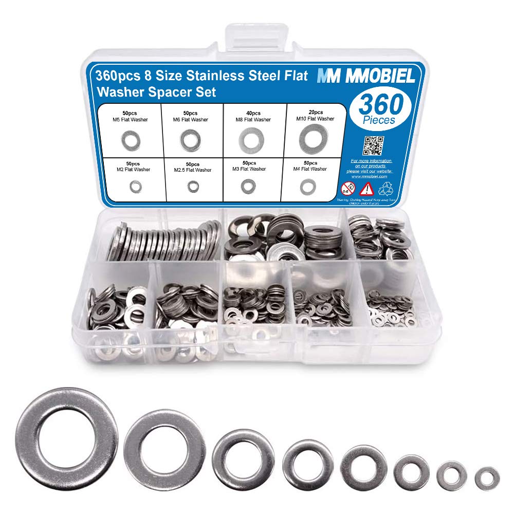 360pcs Stainless Steel Flat Washer Spacers Assortment Kit - M2 M2.5 M3 M4 M5 M6 M8 M10 Size 8 Screw Fixing Bolts & Fastener Tools for DIY, Furniture Assembly, Automotive Repair and Machinery Maintenance