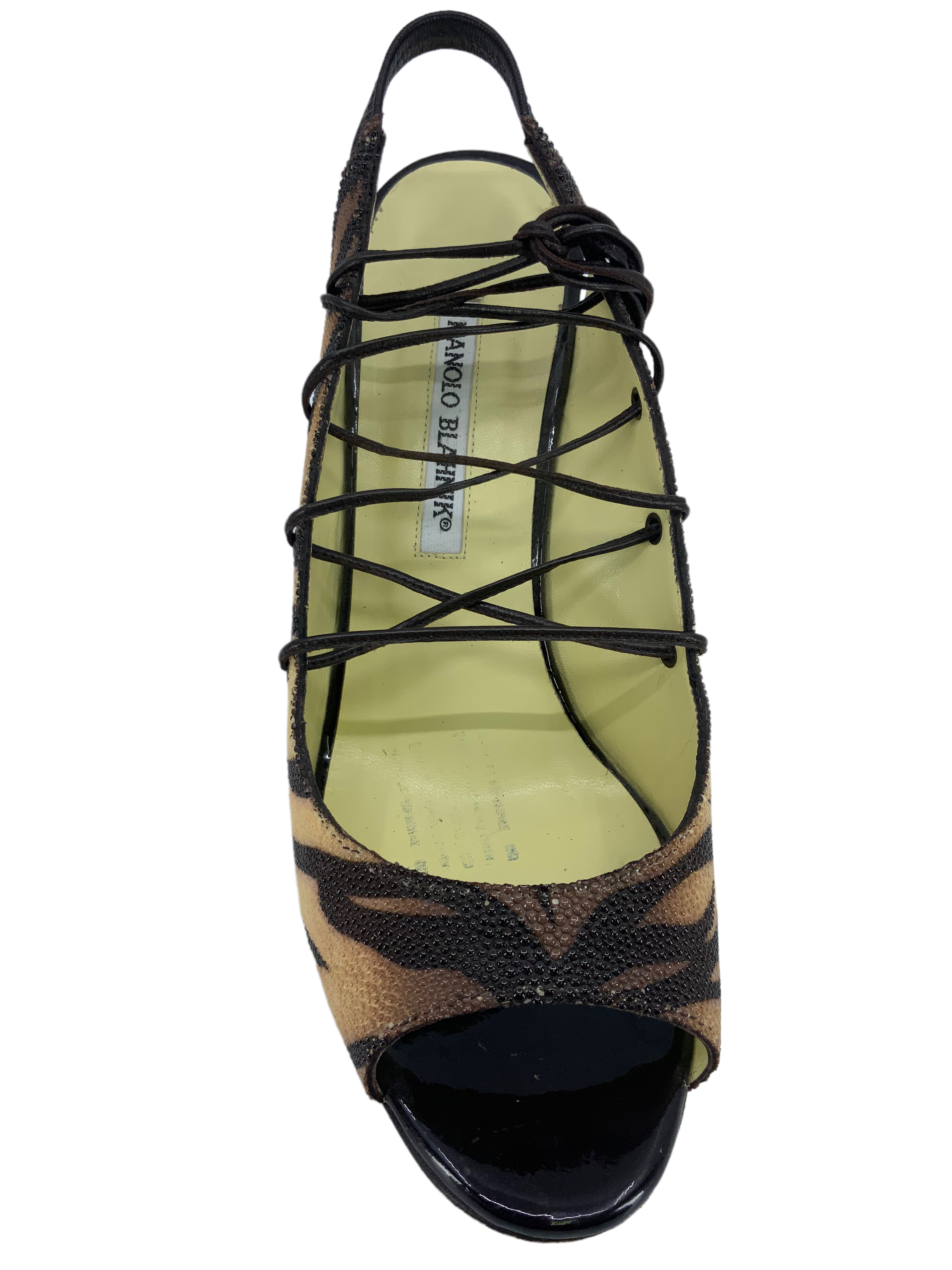 Manolo Blahnik Mania Tiger Stingray Wedges Women's Size 10 | Luxury Designer High Heel Sandals for Weddings, Parties & Special Occasions