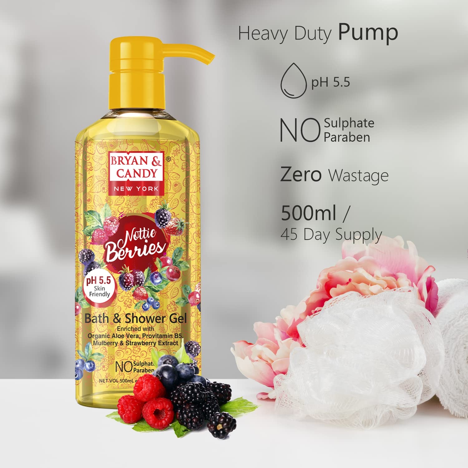 Bryan & Candy Aloe Vera Shower Gel - Gentle Moisturizing Body Wash for Soft, Supple Skin - Nottie Berries Scented (500ml) | Perfect for Daily Hydration & Relaxing Bath Time