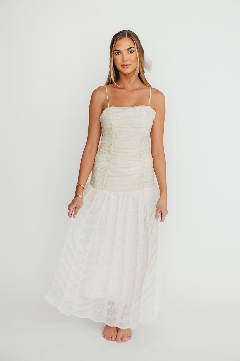 Rosie Ruched Maxi Dress with Bow Back Detail - Cream Elegant Formal Evening Gown for Weddings, Parties & Special Occasions