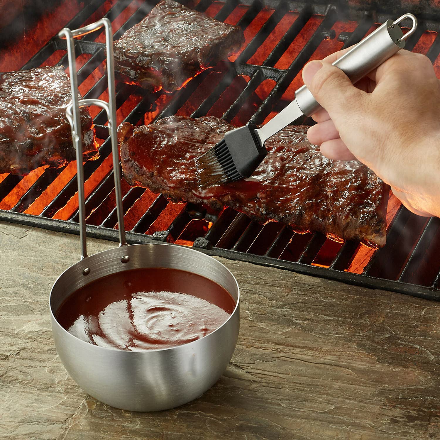Premium Stainless Steel BBQ Sauce Pot & Basting Brush Set - Heavy Duty Grill Utensils for Outdoor Cooking, Grilling, Smoking & Camping - Perfect for Backyard BBQs, Tailgating & Picnics