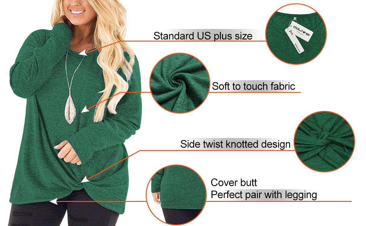 DOLNINE Women's Plus Size Knotted Long Sleeve T-Shirt - Loose Casual Blouse for Everyday Wear & Layering