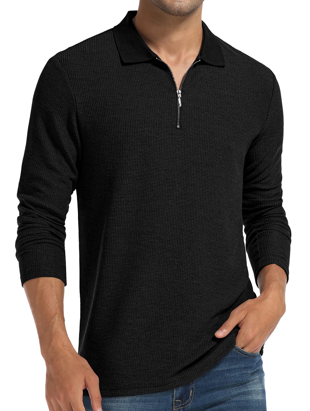 Sailwind Men's Waffle Knit Long Sleeve Quarter Zip Polo Shirt - Casual Pullover Top for Work, Golf & Outdoor Activities | Breathable Comfort Fit