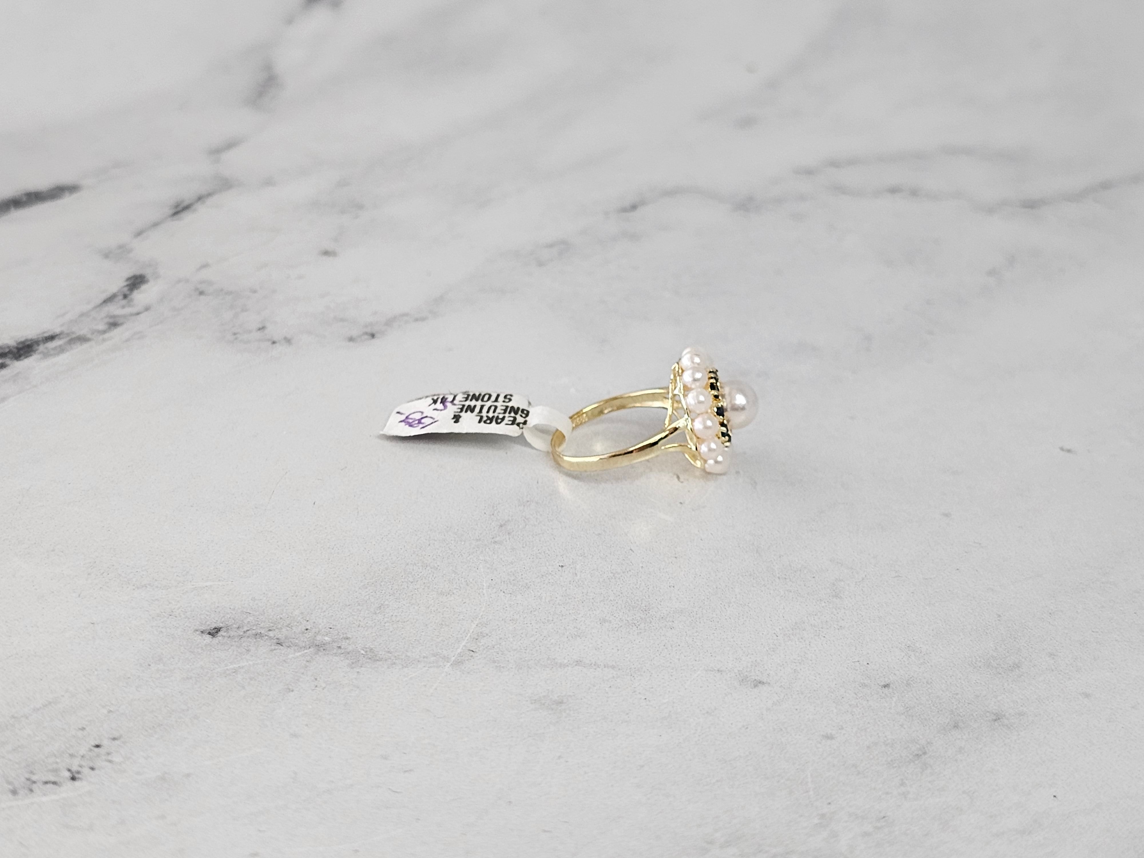 14K Yellow Gold Sapphire & Pearl Double Halo Engagement Ring - Elegant Bridal Jewelry for Weddings, Anniversaries & Special Occasions
