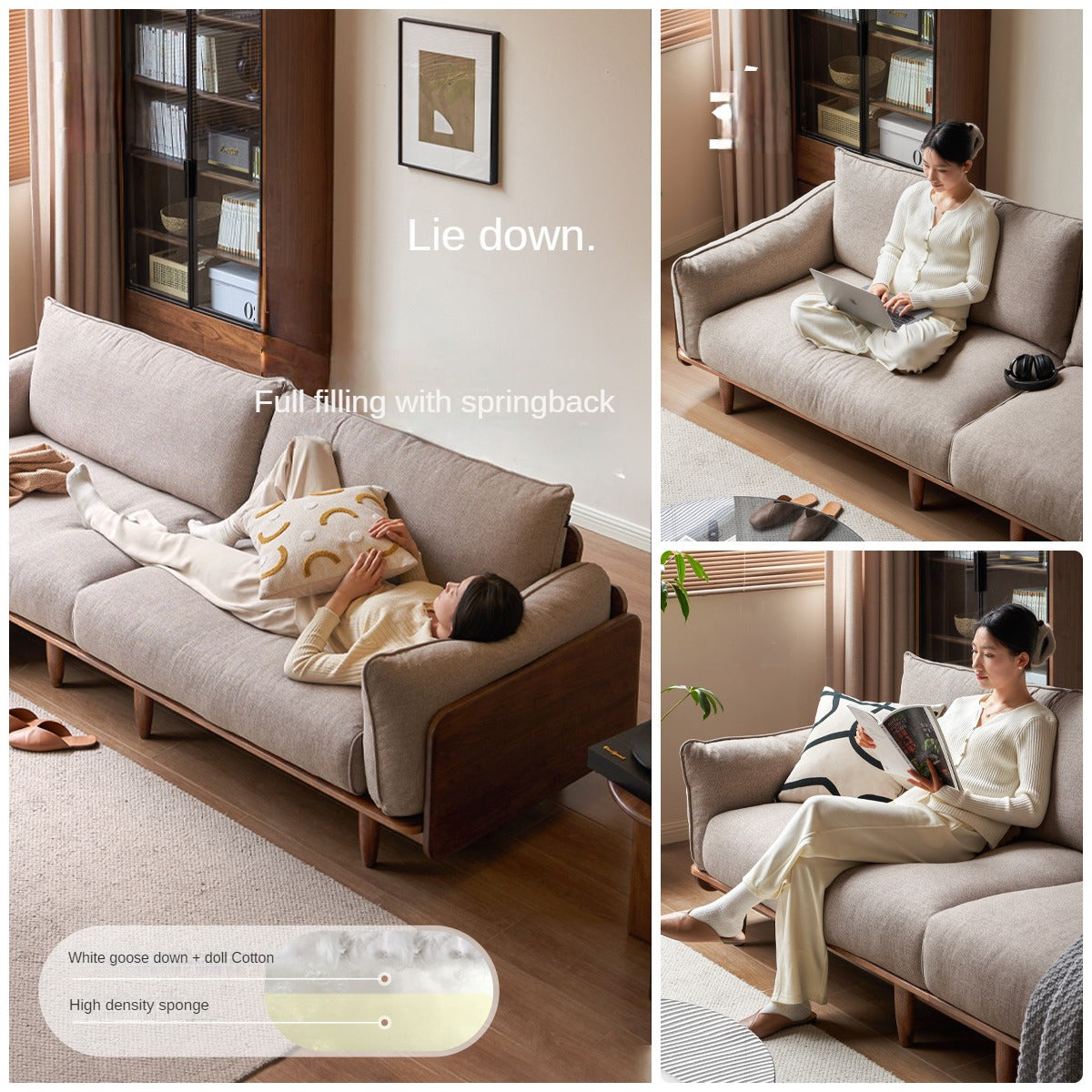 Oak Solid Wood Leather & Fabric Straight Sofa - Durable Modern Living Room Furniture for Home & Office