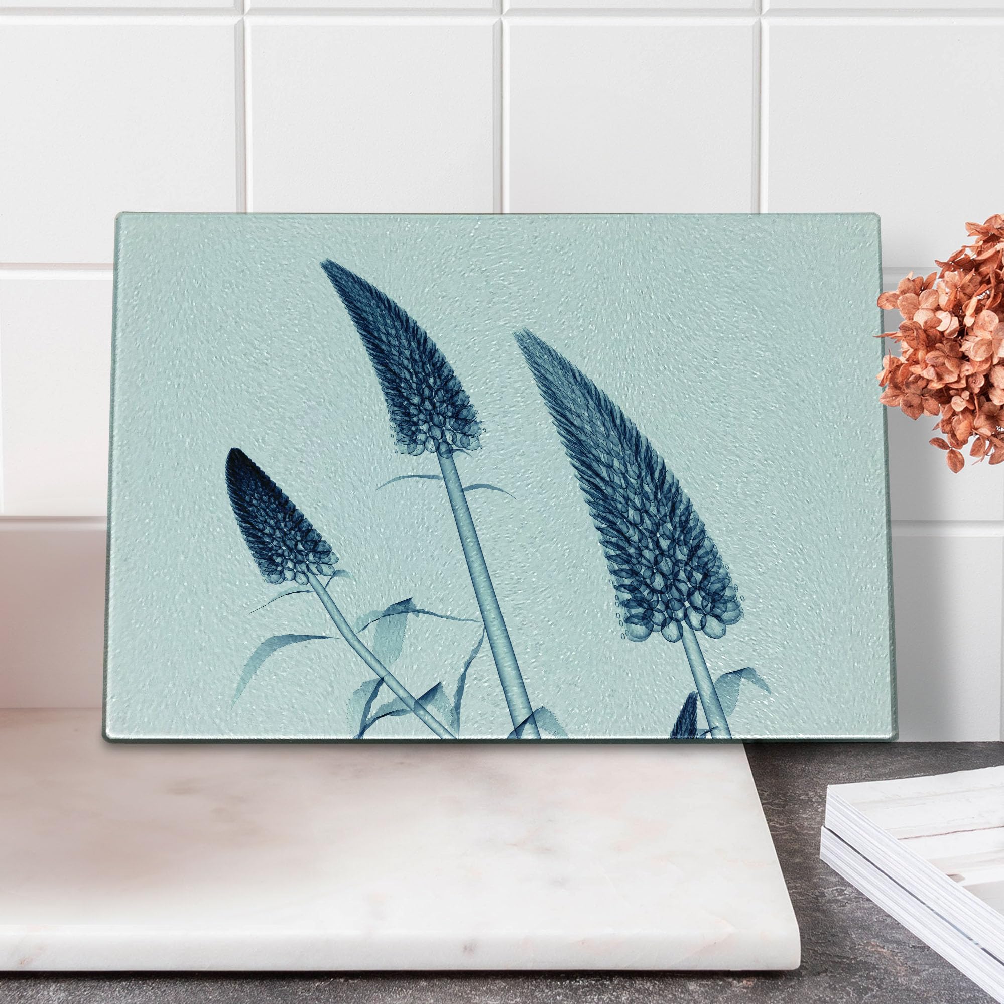 Ambesonne Floral Glass Cutting Board - Gooseneck Loosestrife Flower X-ray Art Print - Decorative Tempered Glass Serving Tray - Small Size Teal & White - Perfect for Cheese Platters, Charcuterie Boards & Kitchen Decor