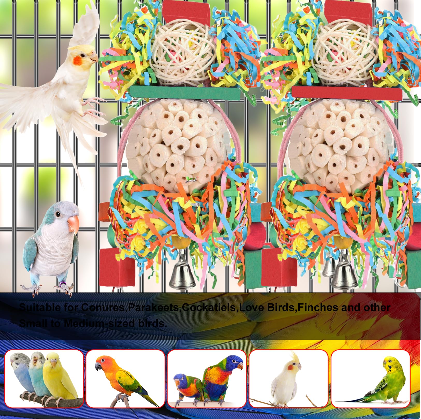 BBjinronjy 2PCS Natural Soft Sola Ball Bird Chew Toys - Hanging Forage & Shred Toys for Parrots, Cockatiels, Conures, Love Birds, Parakeets, Budgies | Perfect for Cage Enrichment & Beak Exercise