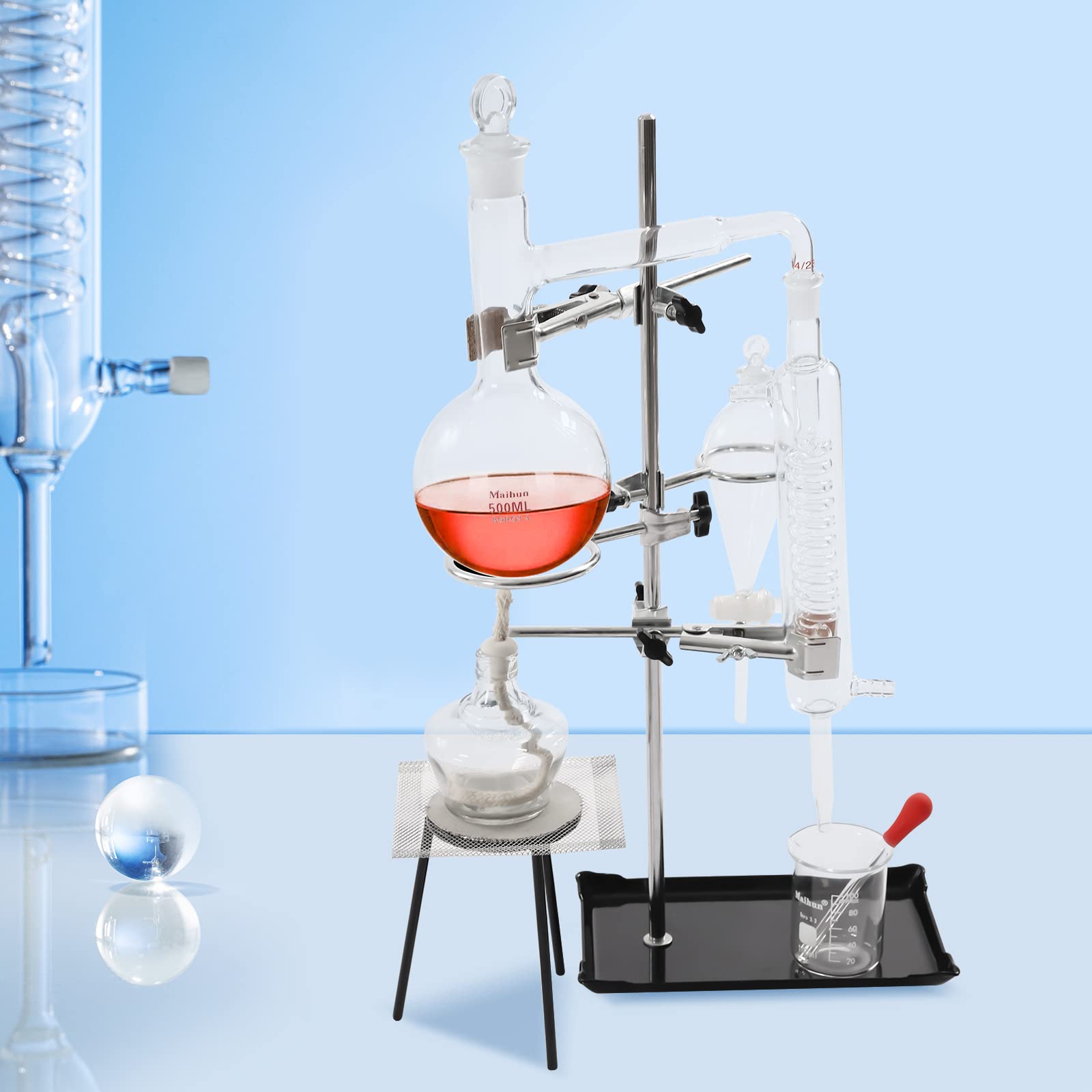 500ml Lab Glassware Distillation Kit - Steam Water & Alcohol Distiller, Organic Chemistry Purifier Equipment for Home & Lab Use | Perfect for Essential Oil Extraction, Chemistry Experiments & DIY Distilling