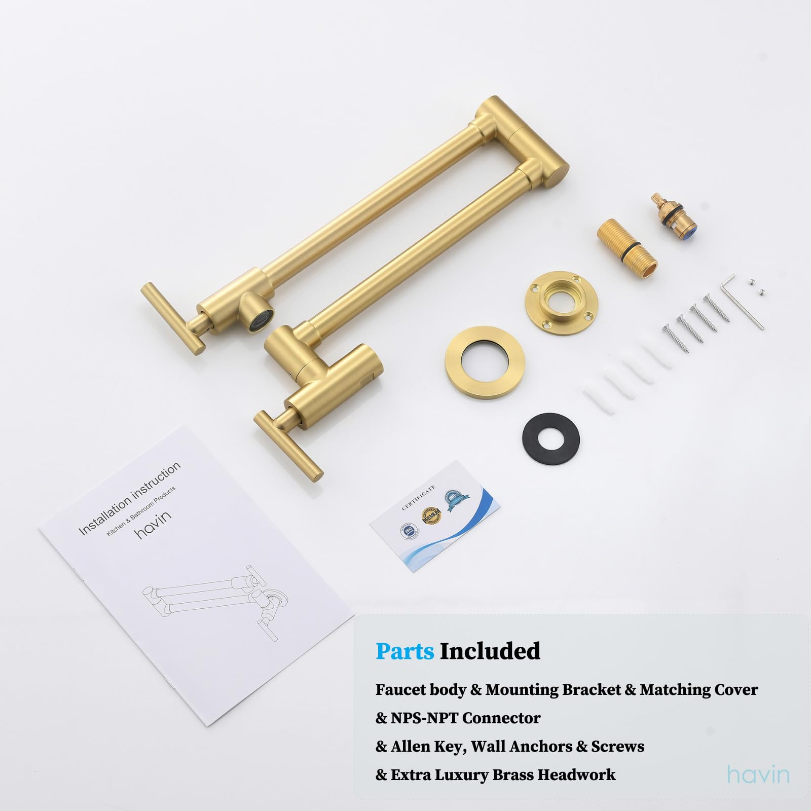 Premium Brushed Gold Wall-Mounted Commercial Pot Filler Faucet - Brass & Copper Construction with Stretchable Double Joint Swing Arms for Kitchen, Coffee Machine & Bar Use - Style A - Ideal for Professional Chefs & Home Cooking Enthusiasts
