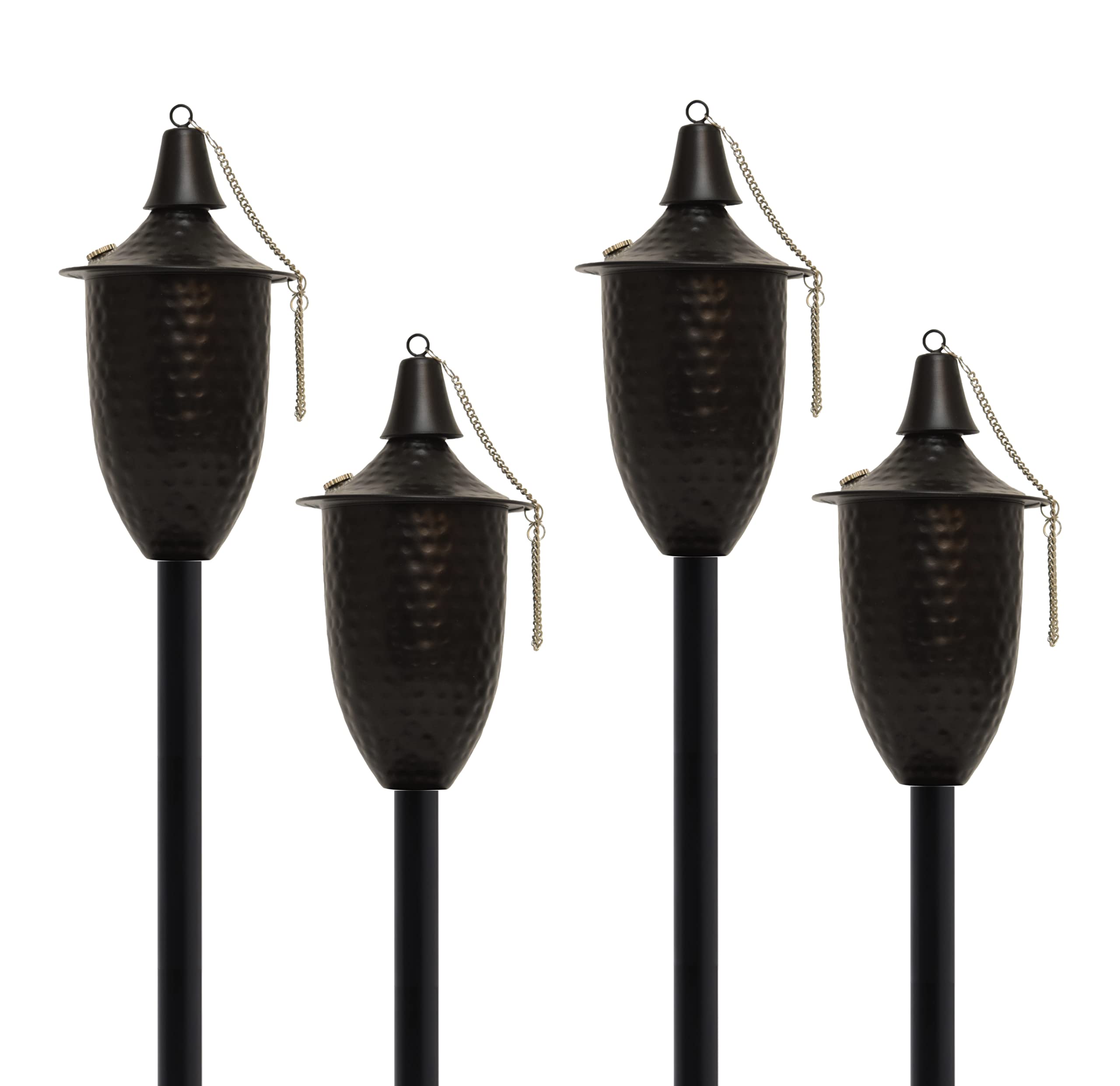 Elegant Set of 4 Tiki Torches for Outdoor Use - 53 Inch Tall with Snuffer, Fiberglass Wick & 20oz Oil Lamp - Perfect for Deck, Patio, Lawn, Garden, Luau Party & Backyard Decor (Small Hammered Black)