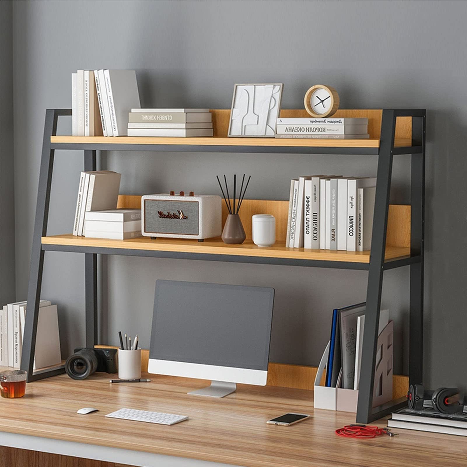 2-Tier Steel Frame Desktop Organizer Shelf - Office Desk Bookshelf, Countertop Hutch & Bookcase for Home & Office - Perfect for Books, Files, Decor & Small Items Storage