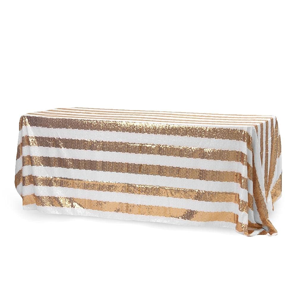 Premium Gold & White Striped Sequin Tablecloth 90
