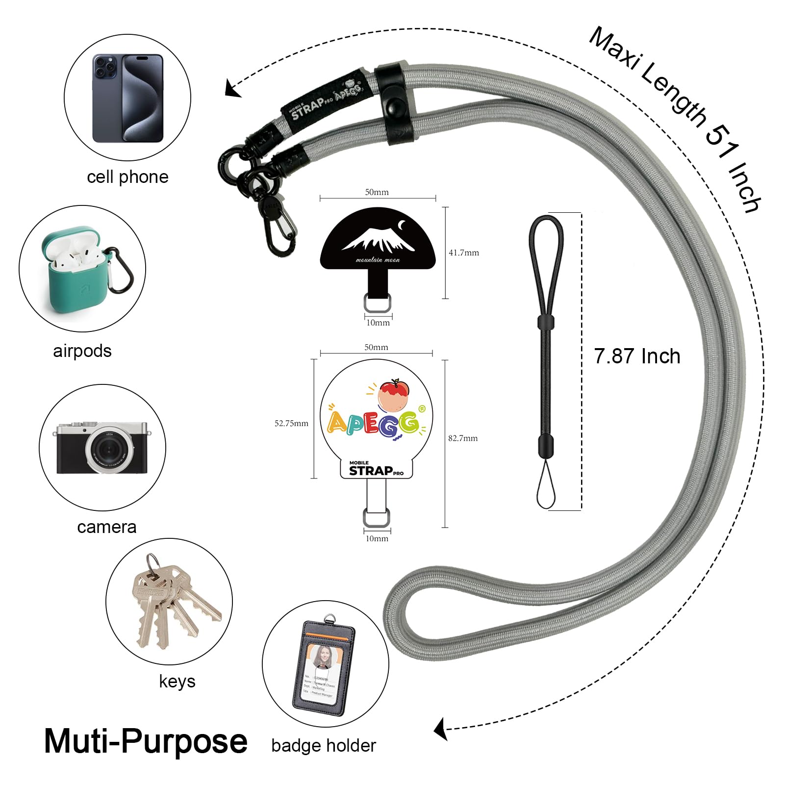 Universal Adjustable Detachable Crossbody Phone Lanyard with Wrist Strap & 2 Phone Tether Patches - Anti-Theft Neck Shoulder Strap for iPhone Samsung (Gray) - Perfect for Travel, Shopping & Outdoor Activities