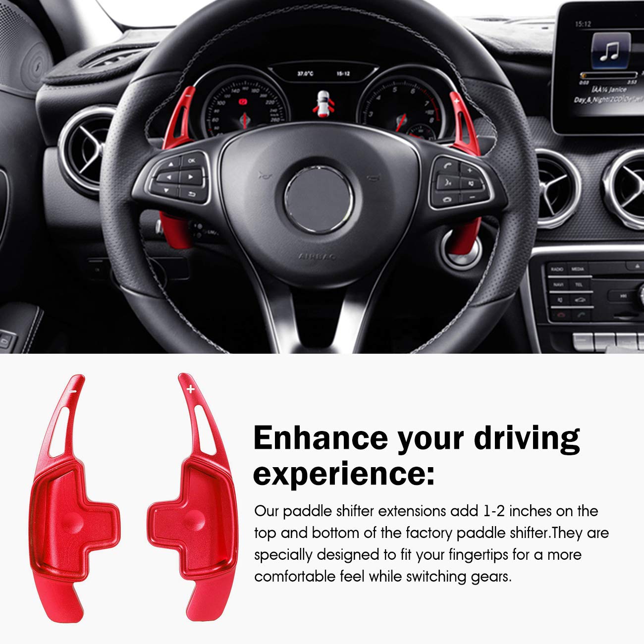 Aluminum Paddle Shifter Extensions for Mercedes Benz A/B/C/CLA/CLS/E/G/GL/GLA/GLC/GLE/GLS/Metris/S/SL/SLC Class - Red Metal Steering Wheel Shift Blades for Enhanced Driving Experience & Sporty Look