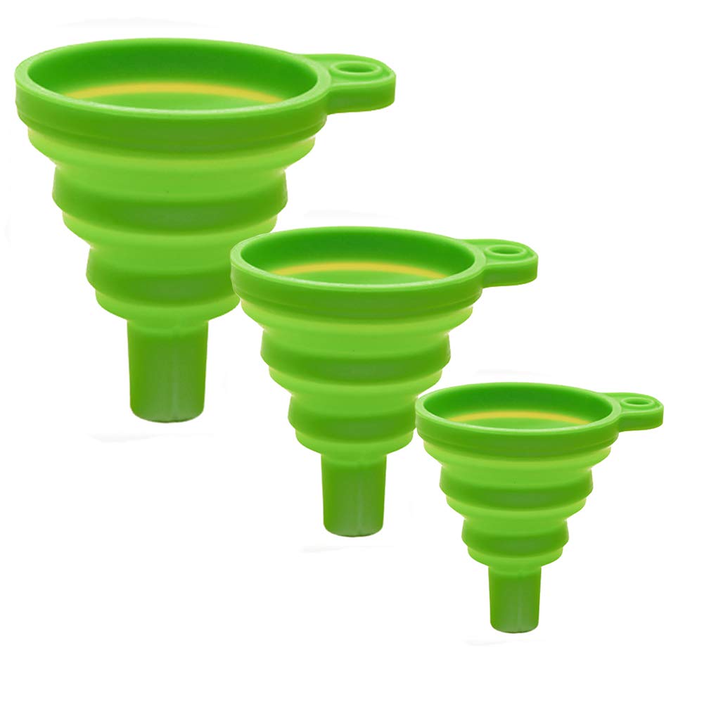 3-Pack Collapsible Silicone Kitchen Funnel Set - Food Grade, Portable for Water Bottles, Oil, Liquid & Powder Transfer (Green) | Perfect for Camping, Baking, Travel & Home Kitchen Use