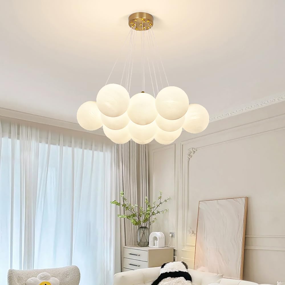 Textured Glass Bubble Chandelier with Brass Ceiling Canopy - 13-Light Modern Pendant Lighting Fixture for Living Room & Dining Room (Bulbs Included) | Perfect for Contemporary Home Decor and Elegant Dining Ambiance