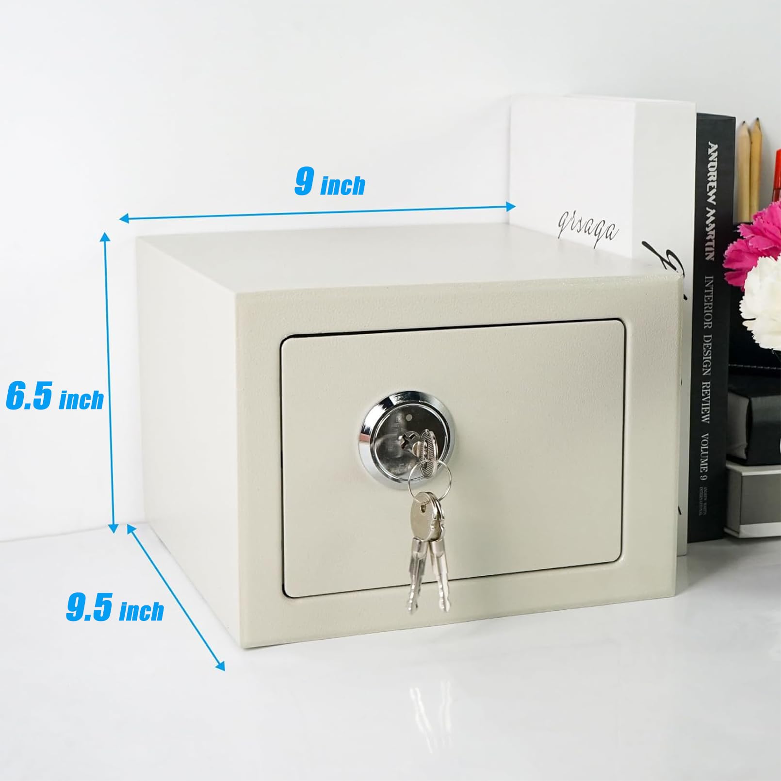 Luwint Small Steel Safe Lock Box with Key - 9.5 x 9 x 6.5 Inch Home Security Safe for Cash, Jewelry & Documents - Portable White Safety Deposit Box for Bedroom, Office or Travel