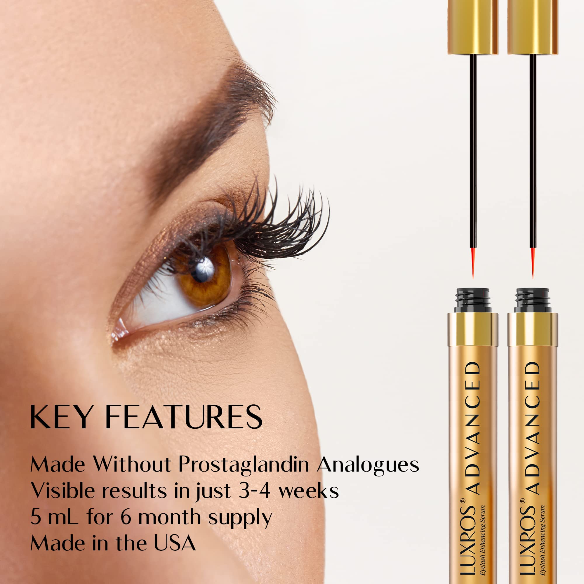 LUXROS Eyelash Growth Serum for Longer & Thicker Lashes - Natural Lash Enhancer Treatment, Vegan & Cruelty-Free, Made in USA, 5ml (6 Month Supply) - Perfect for Daily Use to Boost Lash Volume & Strength