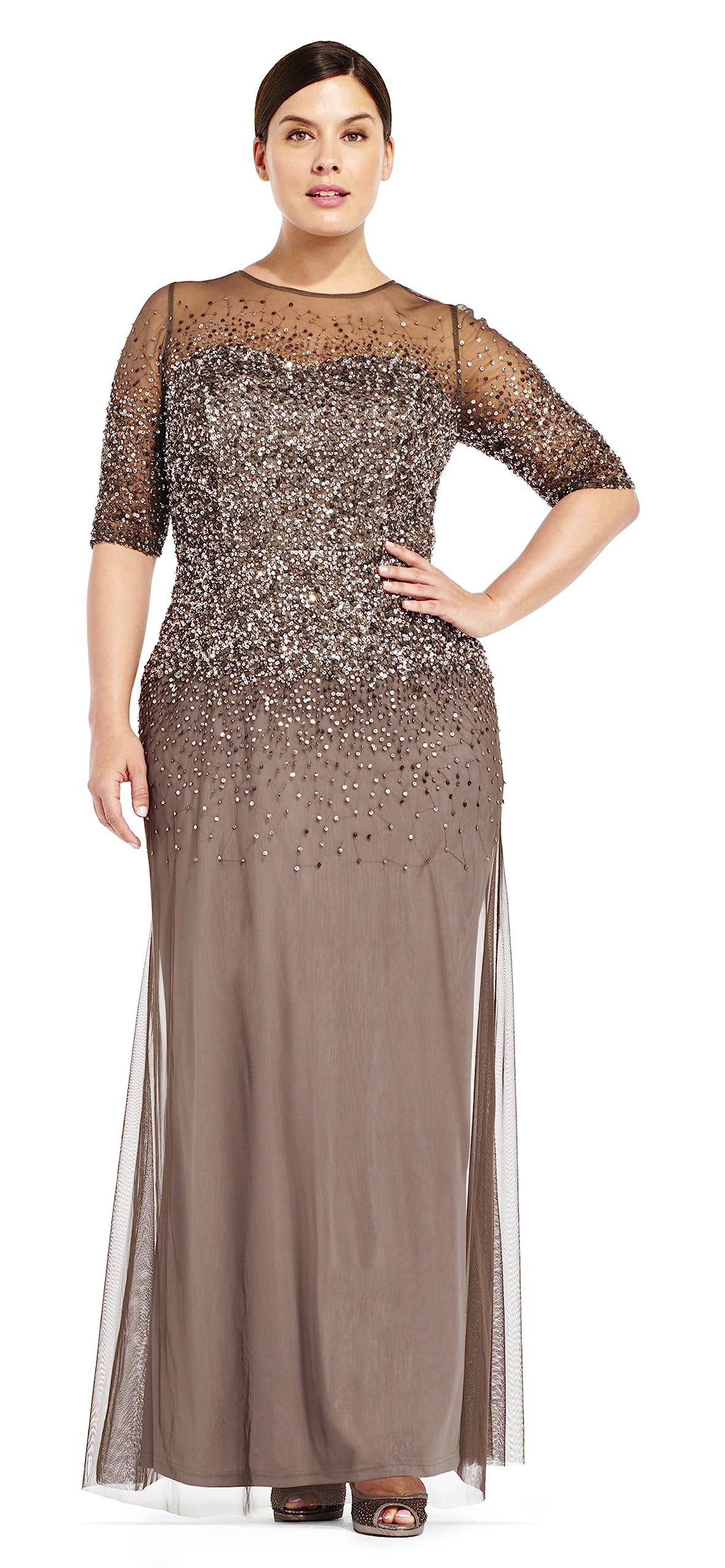 Adrianna Papell Women's Plus Size Beaded Illusion Gown - Elegant Evening Dress for Prom, Wedding & Special Occasions