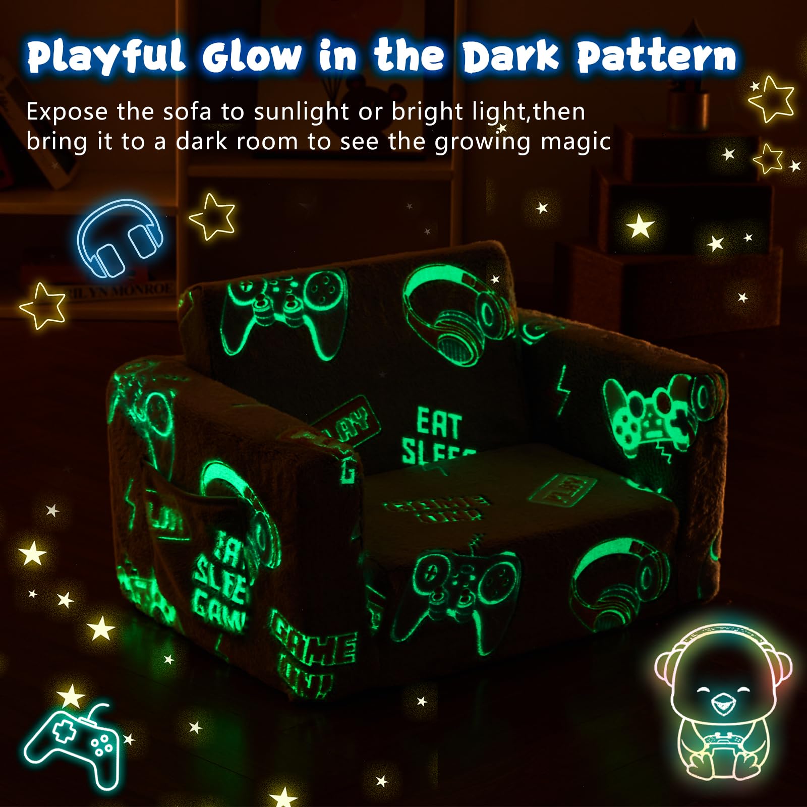 Convertible Toddler Couch & Chair - 2-in-1 Foldable Kids Sofa Bed with Glow in The Dark Feature | Perfect for Playroom, Nursery or Bedtime Reading | Gift for Boys & Girls