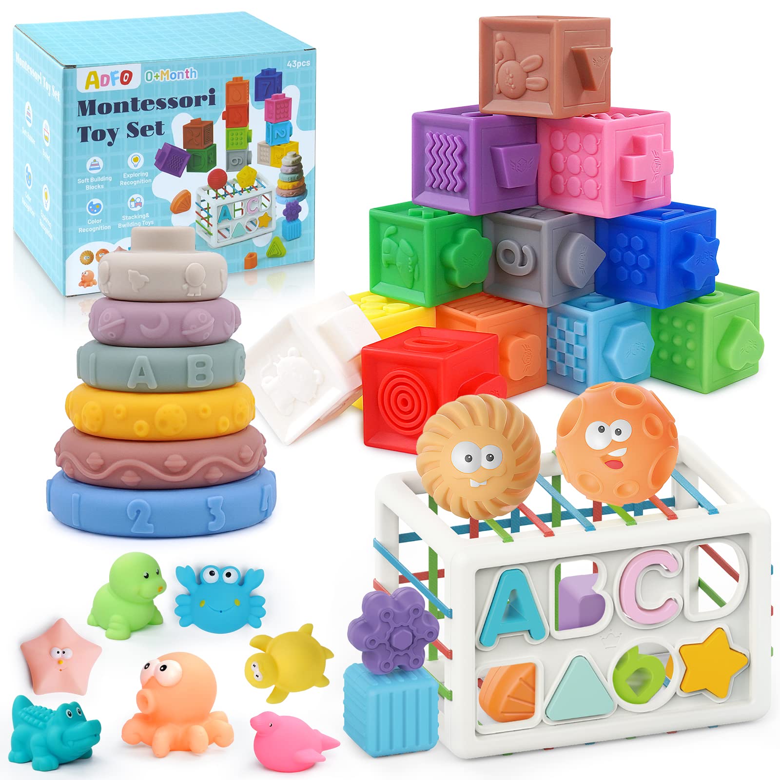 **ADFO 5-in-1 Montessori Baby Toys for 6-18 Months – 43PCS Educational Sensory Toys for 1, 2, 3 Year Olds – Soft Stacking Blocks, Shape Sorter & Teething Bath Toys – Perfect for Playtime, Learning & Travel**