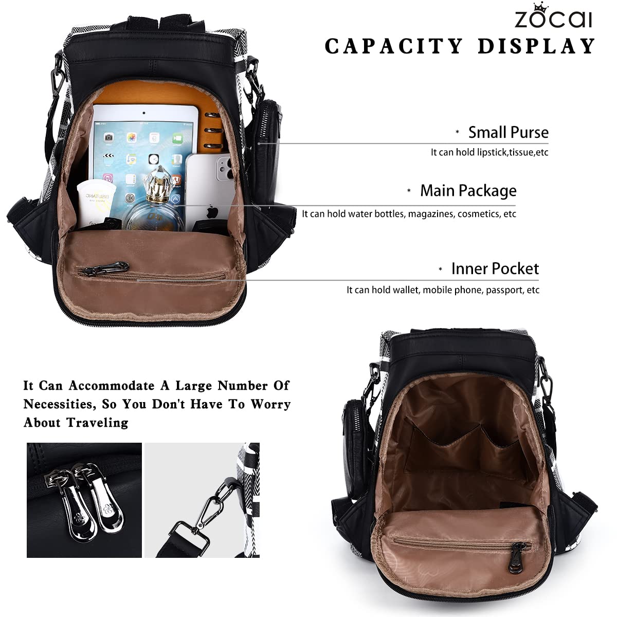ZOCAI Women's Fashion Backpack Purse - PU Leather Anti-Theft Shoulder Bag & Satchel Daypack for Work, Travel & Daily Use