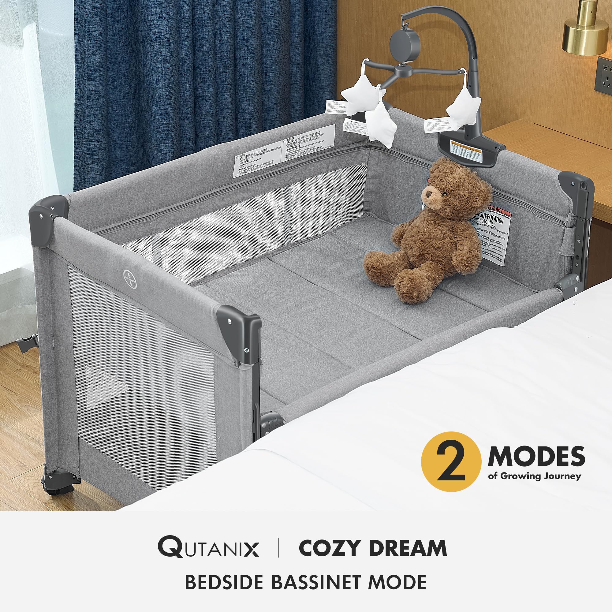 2-in-1 Baby Playard & Portable Crib with Bassinet - Easy Fold Playpen with Music Mobile for Newborn to Toddlers, Grey | Perfect for Nursery, Travel & Daycare Use