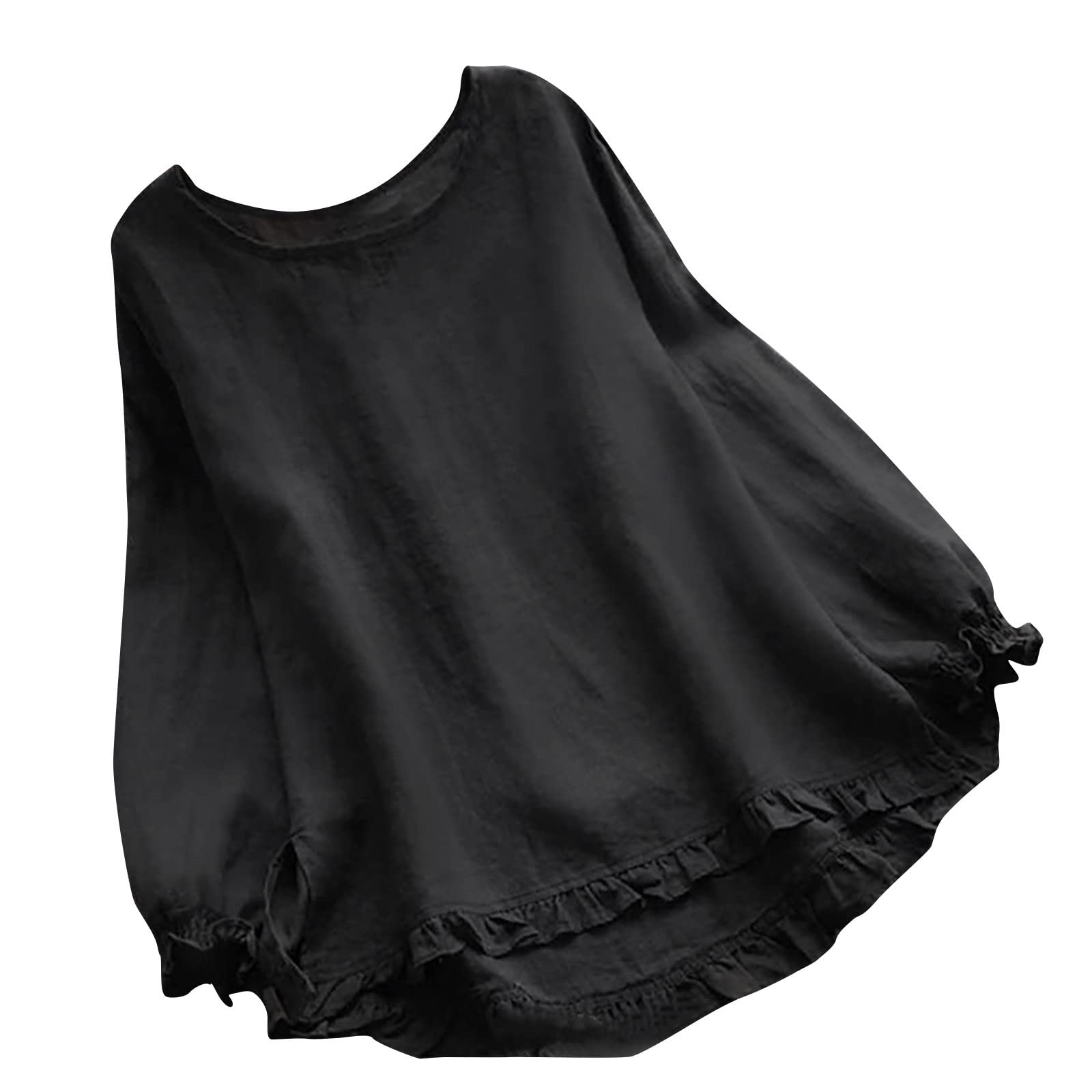 Women's Flowy Long Sleeve Cotton Linen Top - Solid Color Crewneck Babydoll T-Shirt for Casual Wear | Perfect for Office, Date Night & Weekend Outings