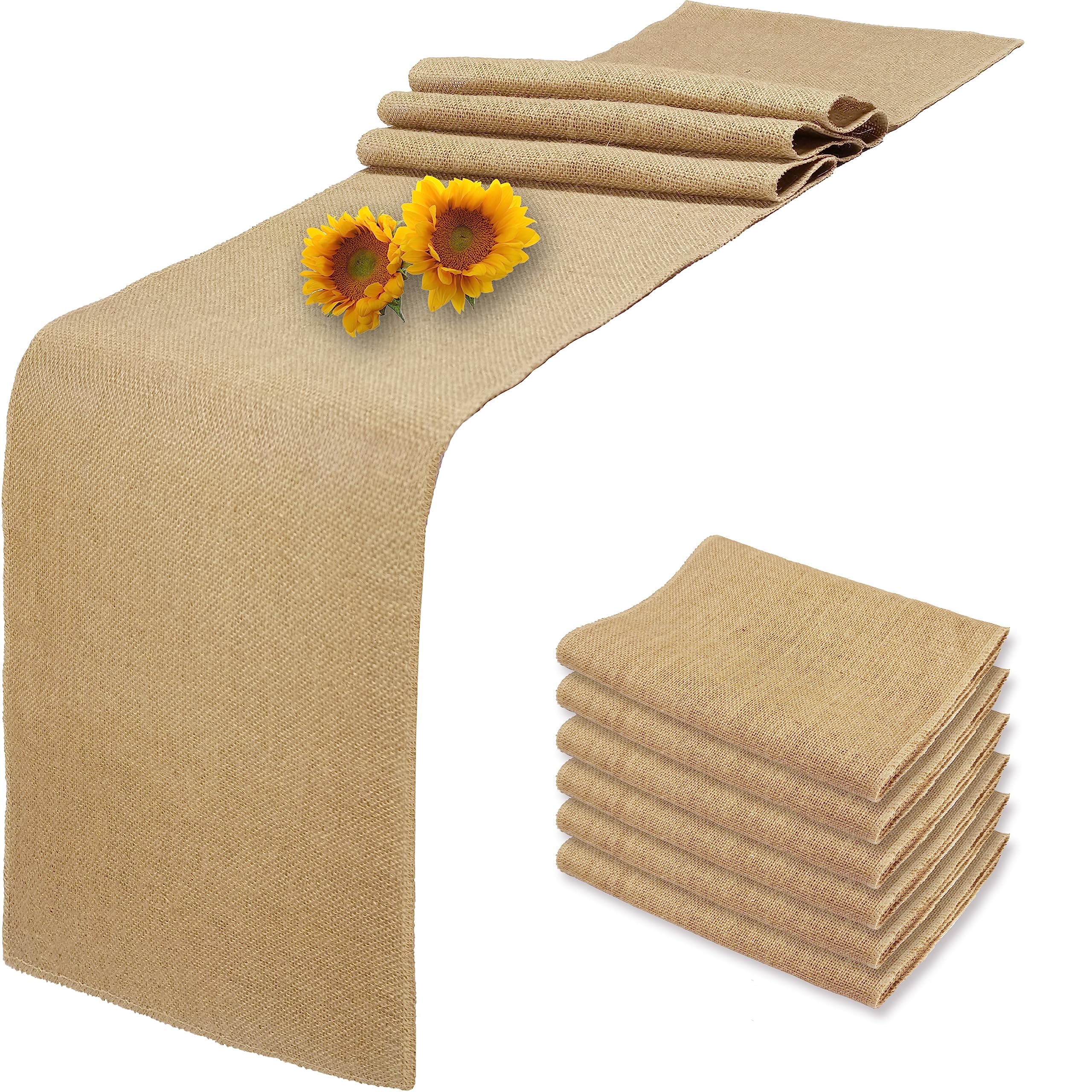 6 Pack Natural Burlap Table Runners - 12 x 72 Inch Rustic Jute Table Runner & Placemats Set for Farmhouse Wedding Decor, Thanksgiving Dinner, Coffee Table Cover - Perfect for Western Theme Parties, Kitchen & Dining Room Decorations