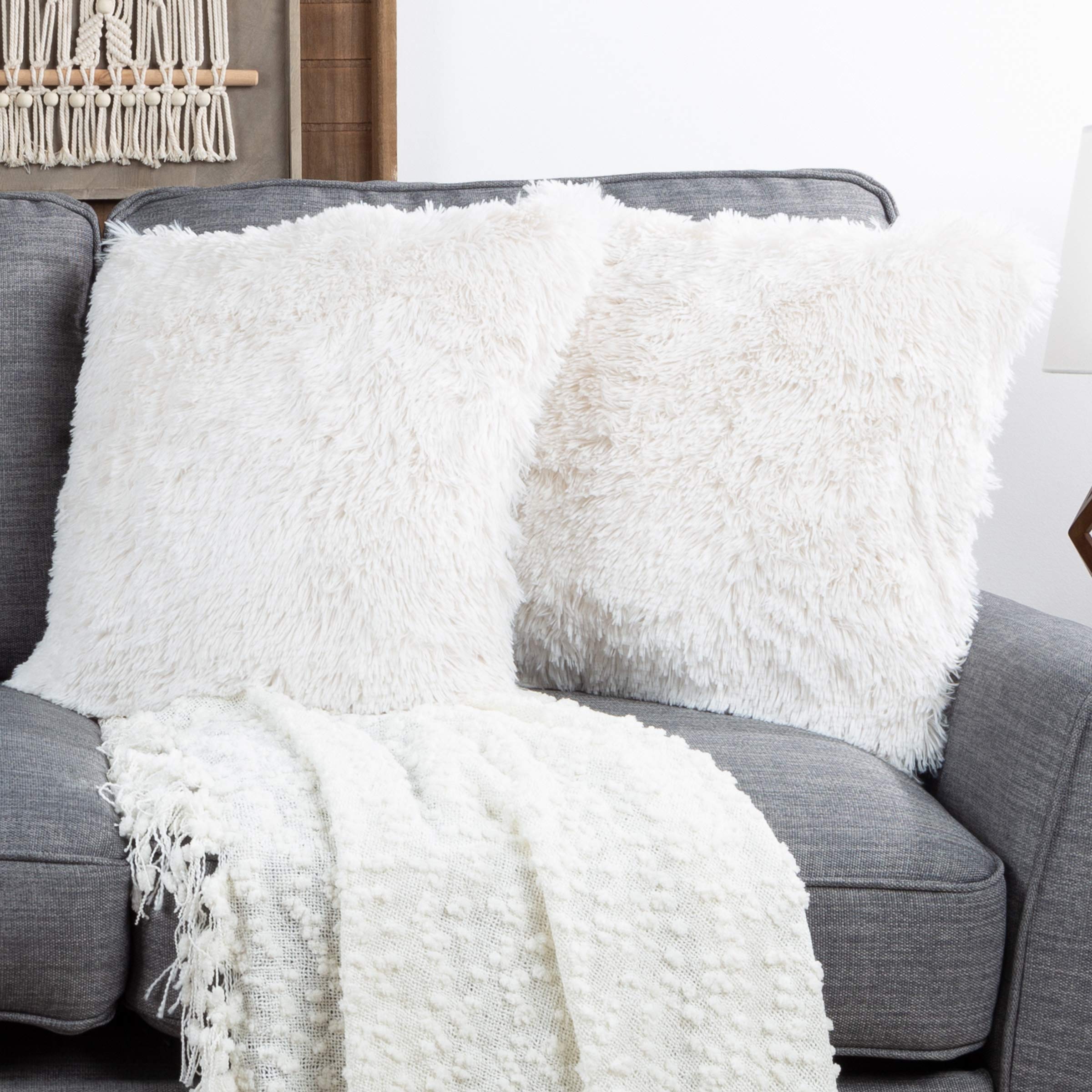 Luxury 18-Inch White Faux Fur Pillow Covers & Inserts Set - 4 Pack Square Shaggy Decorative Throw Pillows for Sofa, Bed, Couch - Soft Plush Home Decor for Living Room, Bedroom, Office (18x18 Inches) | Cozy Winter Home Styling & Comfortable Lounge Accents