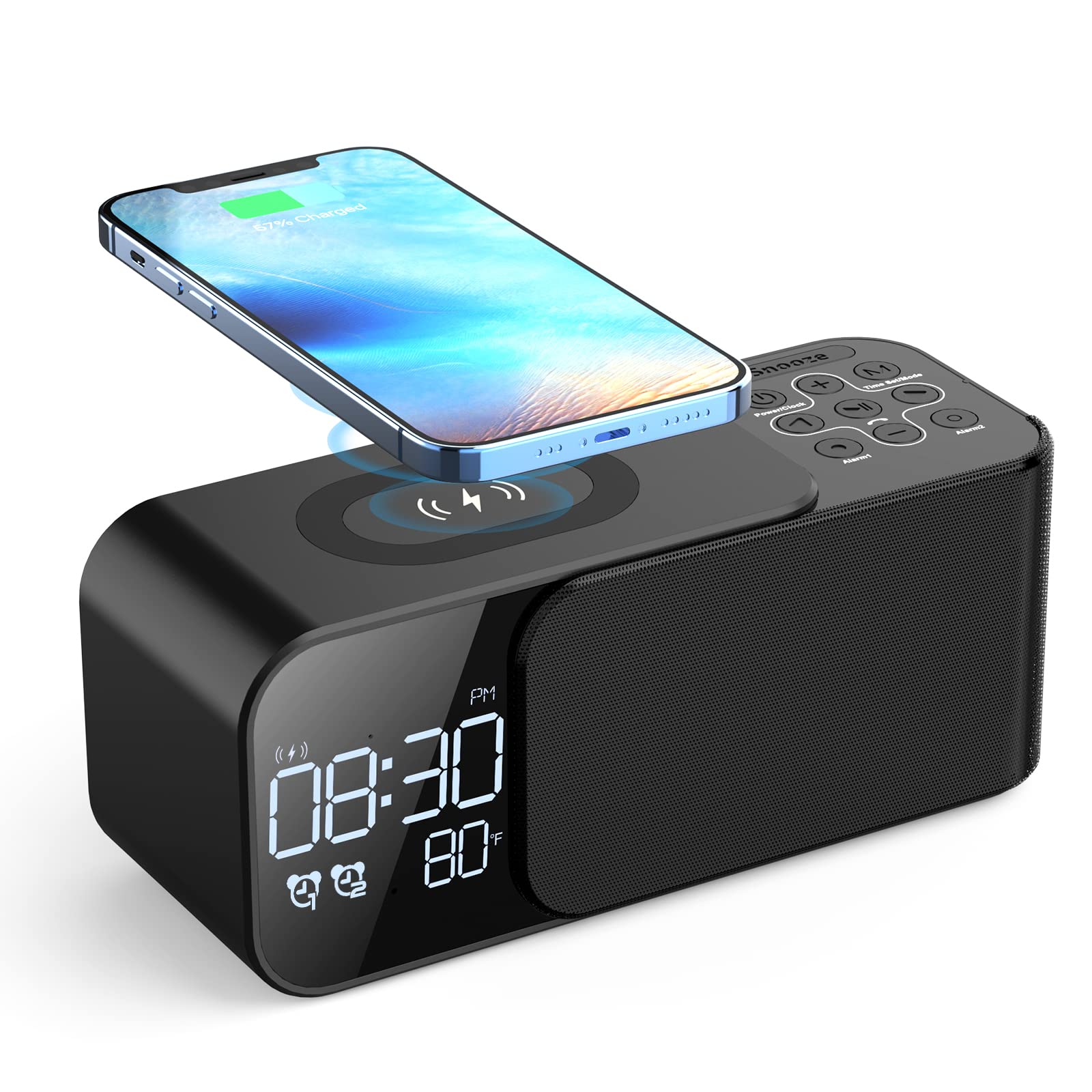 AKKIGL Digital Alarm Clock Radio with Wireless Charger for iPhone - Bluetooth Speaker, Dual Alarm, 8 Wake-Up Sounds, USB Port & Night Light - Perfect for Bedroom, Office, Travel & Home Decor